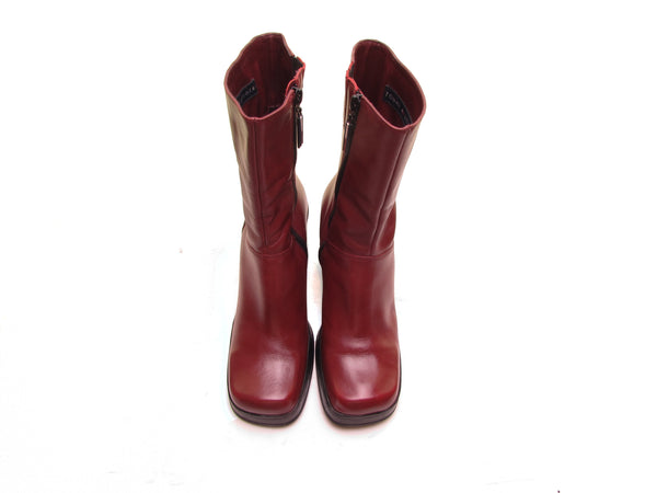Tommy Hilfiger 90s Custom Cherry Red Leather square toe chunky heel boots Platform Boots biker rocker 90s grunge high heel boots Size 8 38 38.5