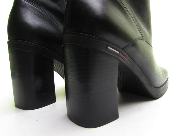 TOMMY HILFIGER 90s black leather square toe boots PLATFORM boots chunky heel boots biker boot rocker grunge goth boot high heel boot size 7 1/2