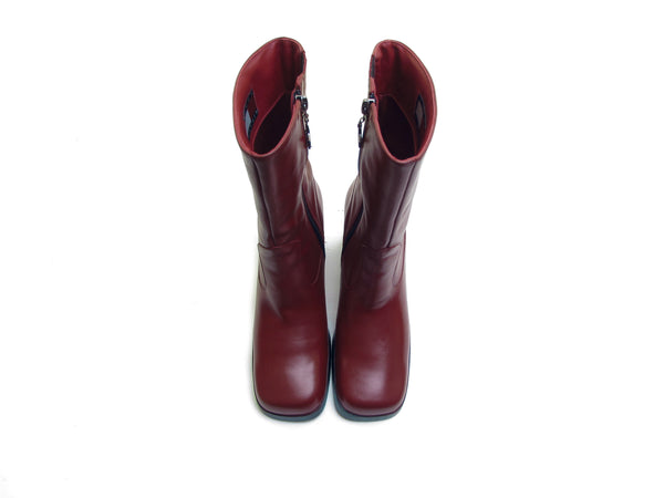 Tommy Hilfiger Vintage 90s Red Leather Square Toe Platform Boots - Chunky Heel - Custom Cherry Red Biker Rocker Grunge Boot - Size 8.5