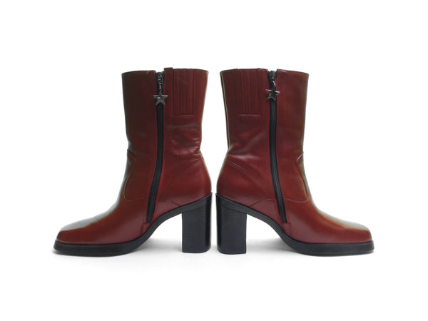 Tommy Hilfiger 90s Y2K Platform Boots with a Chunky Heel Custom Cherry Red Leather Boot Biker Rocker Grunge Boots with Square Toe Size 5.5