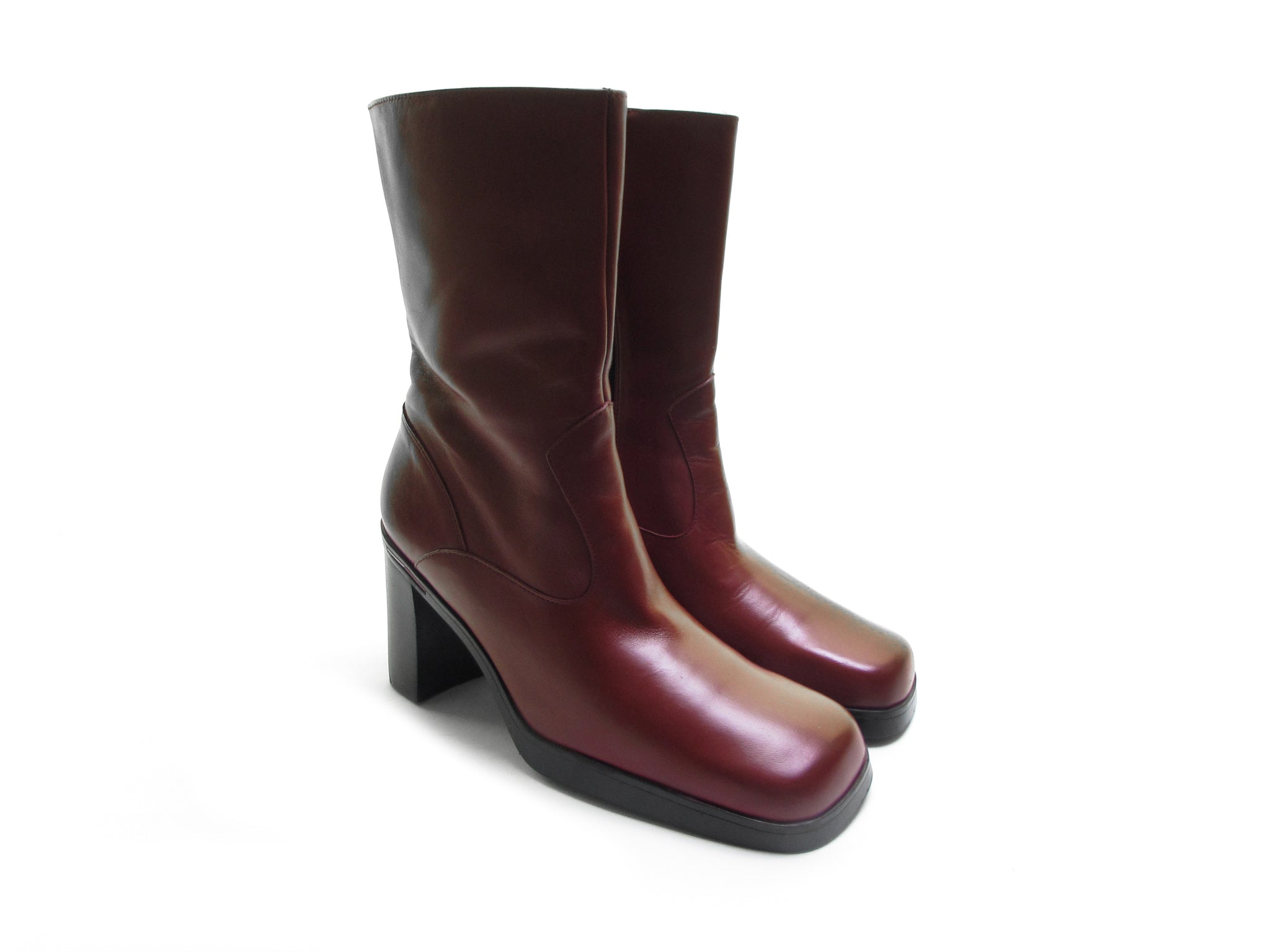 Cherry leather platform ankle boots