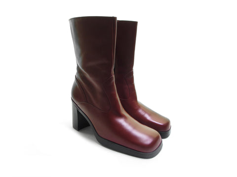 Tommy Hilfiger 90s Y2K Platform Boots with a Chunky Heel Custom Cherry Red Leather Boot Biker Rocker Grunge Boots with Square Toe Size 5.5