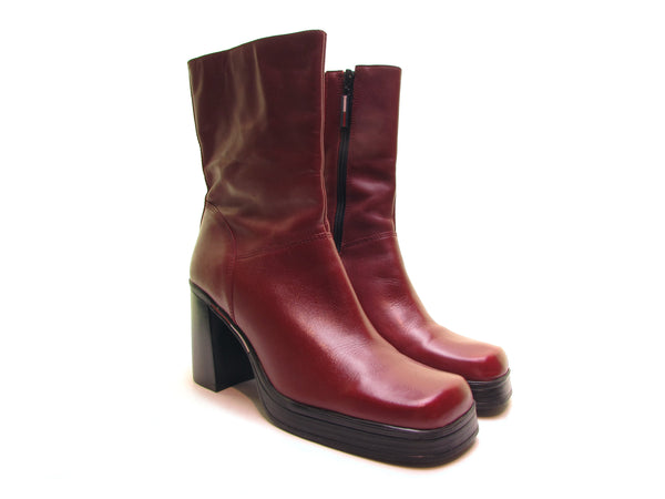 Vintage 90s Cherry Red Leather Platform Boots by Tommy Hilfiger. Available at vintage90s.com