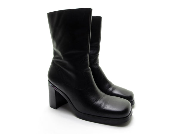 TOMMY HILFIGER 90s black leather square toe boots PLATFORM boots chunky heel boots biker boot rocker grunge goth boot high heel boot Size 7.5