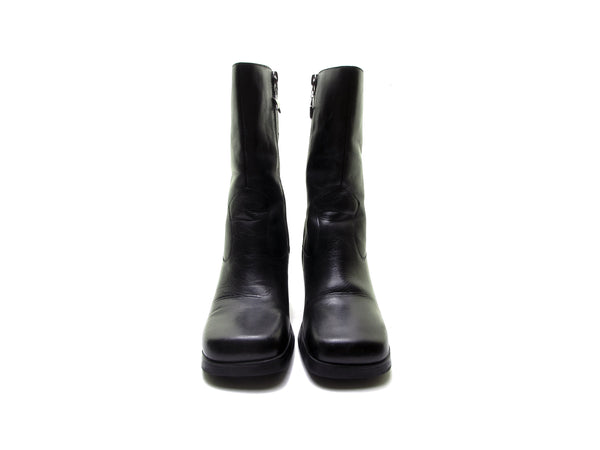 TOMMY HILFIGER 90s black leather square toe boots PLATFORM boots chunky heel boots biker boot rocker grunge goth boot high heel boot Size 7.5