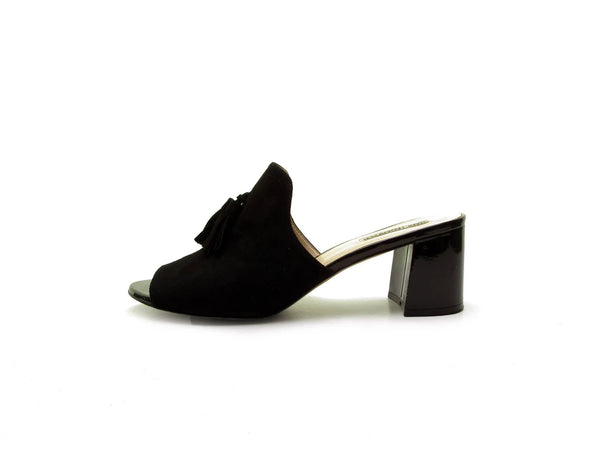 Karl Lagerfeld open toe sandals with a chunky heel - Designer black suede slides with tassel size 10 40 1/2 41