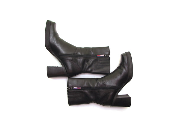 TOMMY HILFIGER vintage 90s platform boots square toe chunky heel boots black leather biker boots rocker goth grunge boot RARE size 9