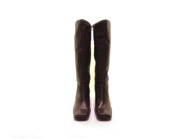 brown knee high boots vintage 90s boots square toe boots soft leather tall boot chunky heel boot block high heel rubber soles 8 1/2