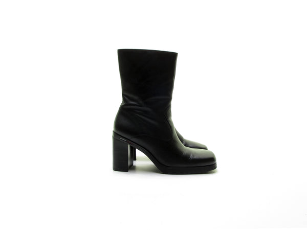 TOMMY HILFIGER Vintage 90s Chunky Heel Square Toe Black Leather Platform Boots - Size 8.5 NOS RARE