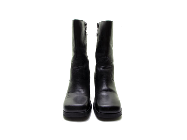 TOMMY HILFIGER Vintage 90s Chunky Heel Square Toe Black Leather Platform Boots - Size 8.5 NOS RARE