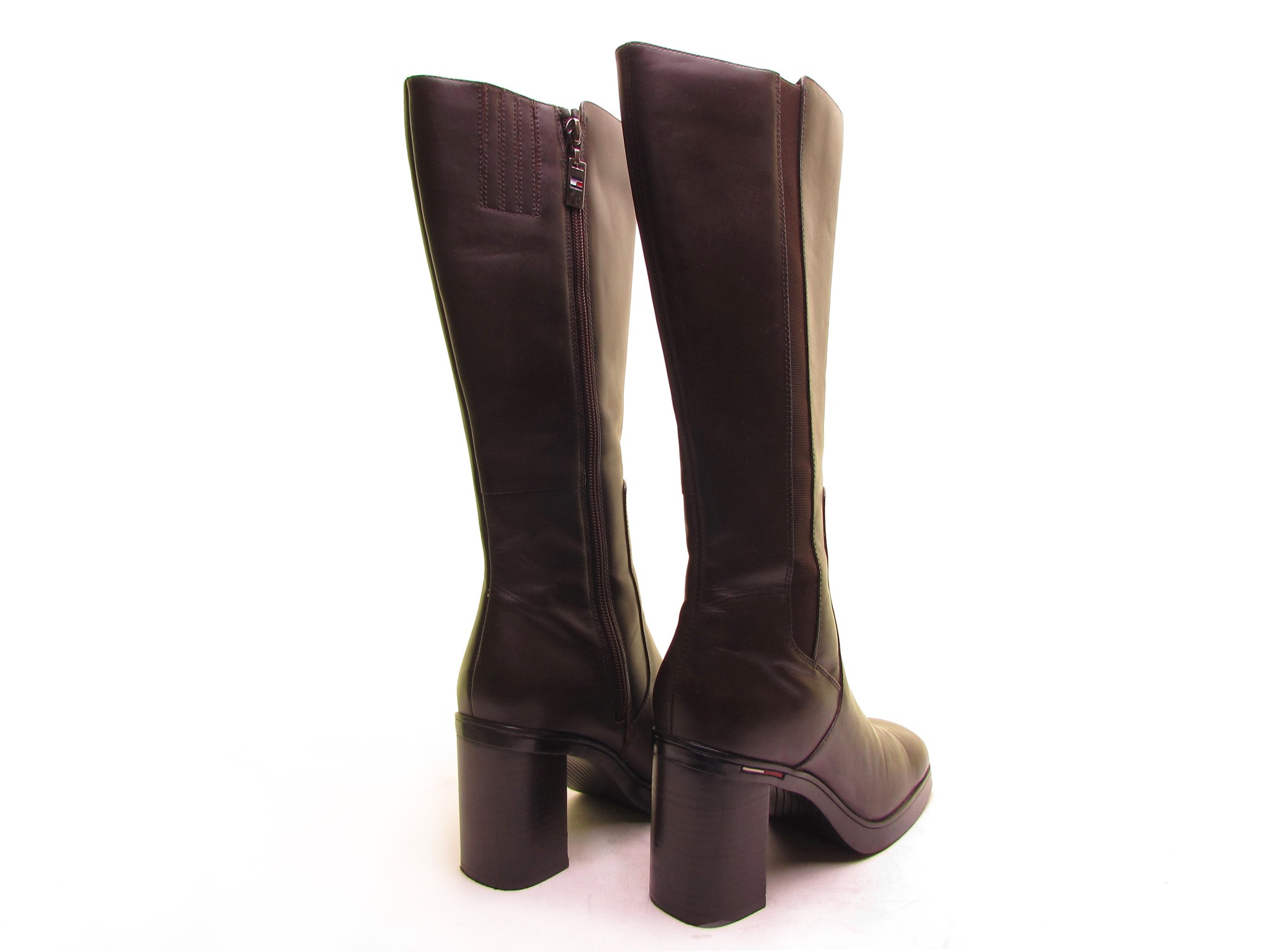 TOMMY HILFIGER platform boots square toe boots chunky heel boot 90s brown leather knee high boots tall indie hipster boot rubber sole Size 6 1/2