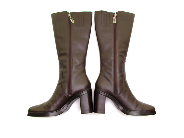 Tommy Hilfiger knee high brown platform boots from the 1990s. 90s Y2K style.