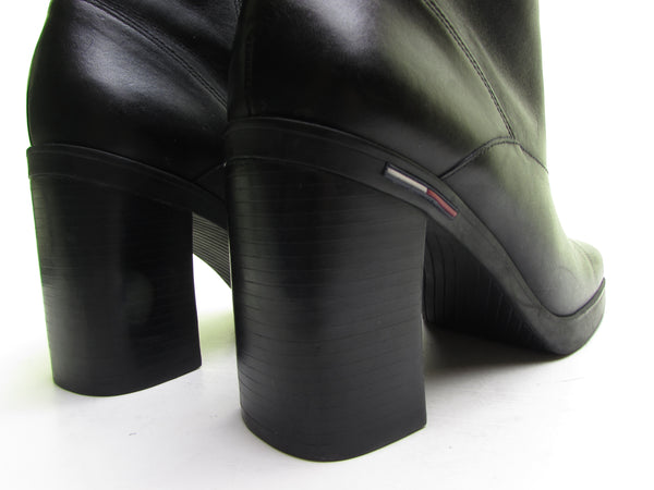 TOMMY HILFIGER 90s black leather square toe boots PLATFORM boots chunky heel boots biker boot rocker grunge goth boot high heel boot size 10