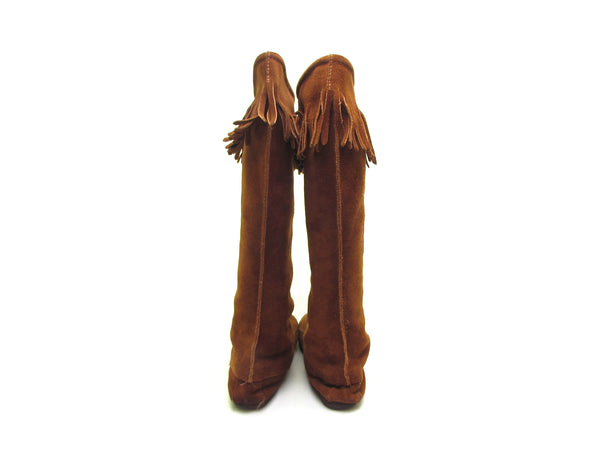 Vintage 70s Minnetonka suede boots knee high lace up fringe boots moccassin boots festival boots hippie boots size 7