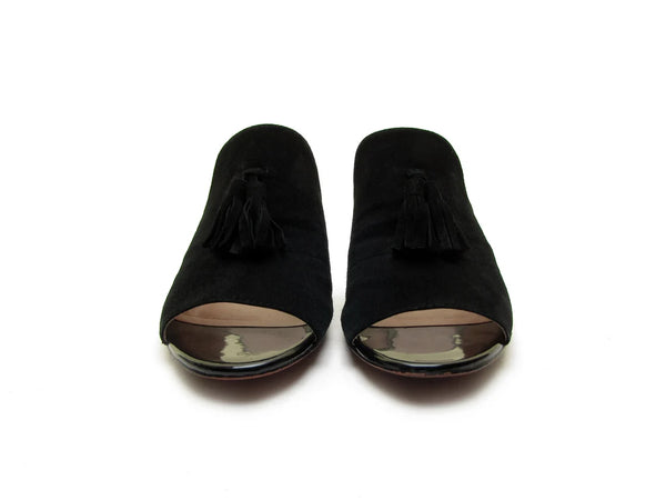 Karl Lagerfeld open toe sandals with a chunky heel - Designer black suede slides with tassel size 10 40 1/2 41