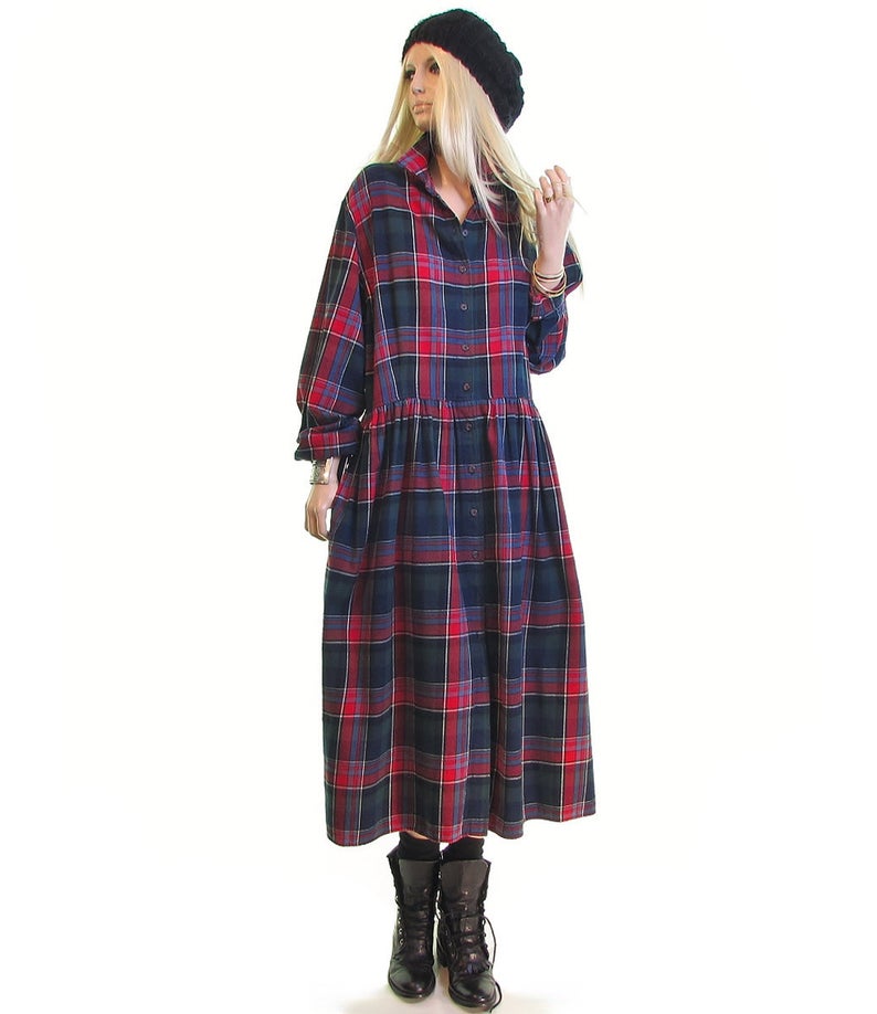 flannel maxi dress Vintage 90s Plaid Flannel maxi dress scotch Plaid Riot Grrrl punk rock dress Cotton Duster jacket punk rock 90s grunge dress goth dress Large Petite