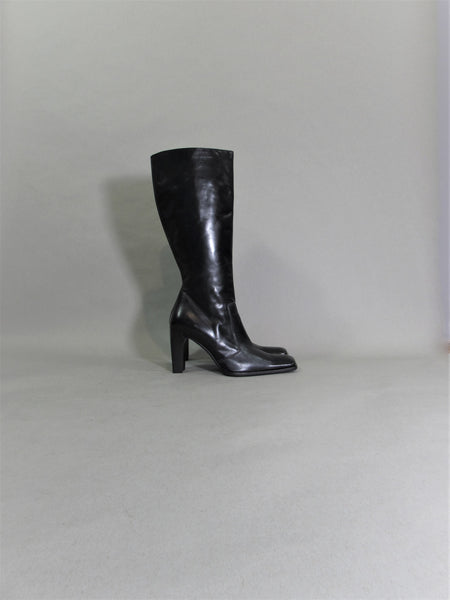MARAOLO Italian black leather tall boots 90s square toe boots knee high boots 90s tall boots designer high heel boots rubber sole vixen Size 6