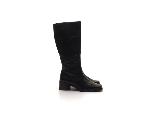 Vintage 90s Black Soft Leather Knee High Boots with Square Toe and Block Chunky Heel - Size 7 - Perfect for Indie, Hipster, and Minimalist looks