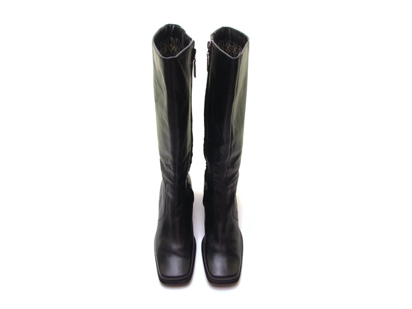 Soft leather zip up knee high boots with a square toe.