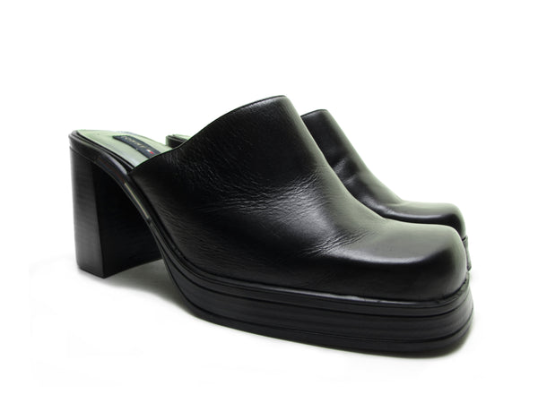 Tommy Hilfiger Platform shoes Chunky Heel Clogs 90s square toe black leather mules punk grunge goth slip on shoes slides Rare Size 9 1/2