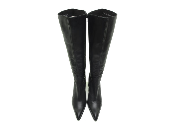 Pointy Toe Knee High boots Designer ITALIAN black leather tall boots 90s boots Stiletto heel boots goth boot vixen sexy boots 9 1/2