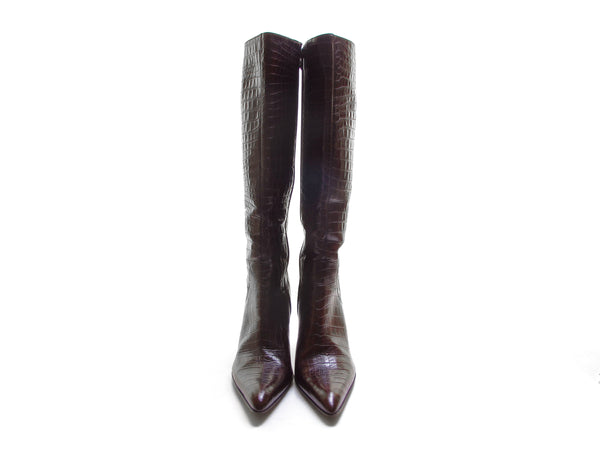 Designer ITALIAN alligator crocodile print leather knee high boots STILETTO boots pointy toe boots tall boots 90s boot sexy vixen size 7