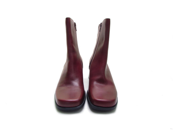 CHERRY RED vintage 90s square toe boots block chunky heel boots soft leather ankle booties chelsea boots NOS Rare Size 7 1/2