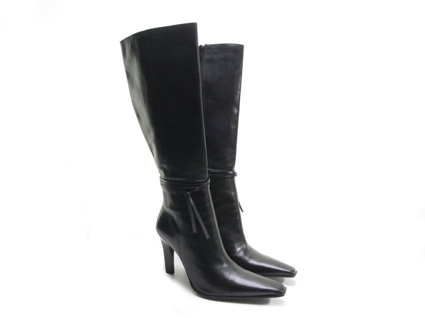 Designer knee high boots black leather tall black boots Stiletto boots square pointy toe boots 90s lace tie up boots sexy boot NOS Size 8 US 38.5 EU