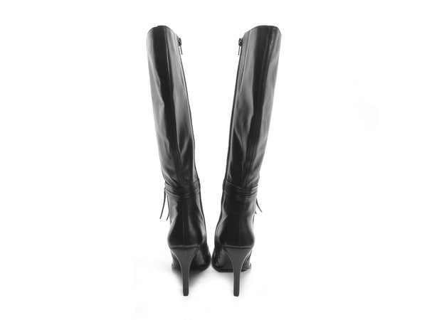 Designer knee high boots black leather tall black boots Stiletto boots square pointy toe boots 90s lace tie up boots sexy boot NOS Size 8 US 38.5 EU