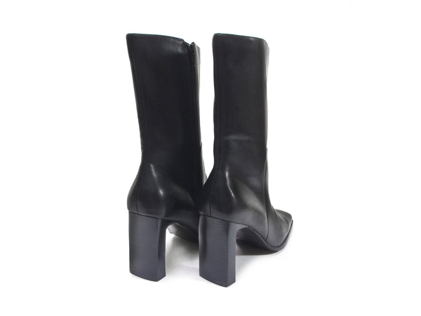 Chunky Heel black leather square toe boots 90s boots chunky booties goth boot vixen stacked block high heel sexy boots size 9 NOS ! SaLE! !