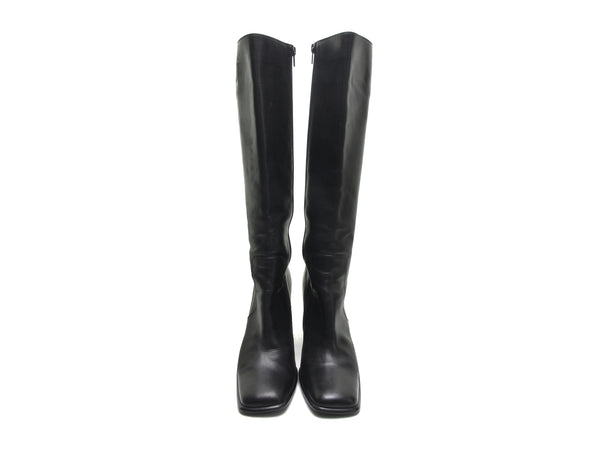 Vintage 90s Italian Leather Knee Boots with Chunky Square Toe and Block Heel - Size 9 1/2 - Perfect for Gothic, Fetish, and Sexy Vixen Looks