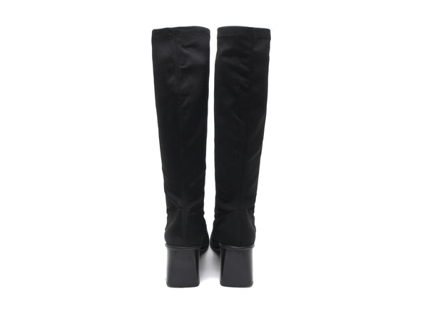 Vintage 90s black knee high boots square toe boots tall boots vegan stretch fabric sexy vixen high heel avant garde goth boots women size 8