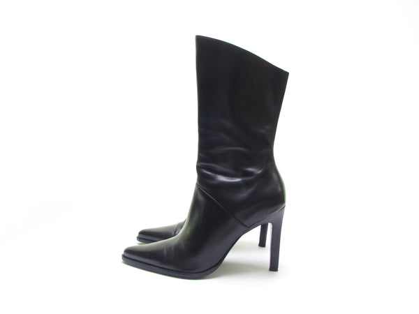 Vintage 90s Black Leather Pointy Toe Ankle Boots with High Stiletto Heel - Sexy Goth Vixen Boots for Women Fetish High Heel Size 7.5