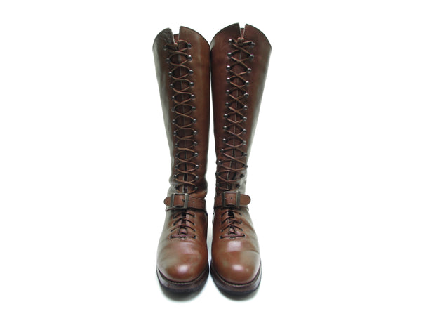 Handmade Designer Italian Leather Lace Up Riding Boots: Cognac Brown with Buckle Detail, Handcrafted in Italian Size 5 5.5