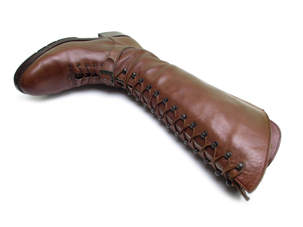 Handmade Designer Italian Leather Lace Up Riding Boots: Cognac Brown with Buckle Detail, Handcrafted in Italian Size 5 5.5