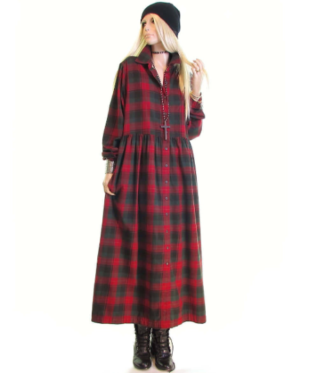 Vintage flannel plaid dress duster scotch plaid maxi dress cotton 90s –
