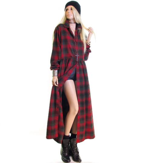 90s grunge dress Vintage 90s grunge dress Riot Grrrl Punk Rock dress Goth dress plaid flannel dress duster scotch plaid maxi dress cotton Petite Large