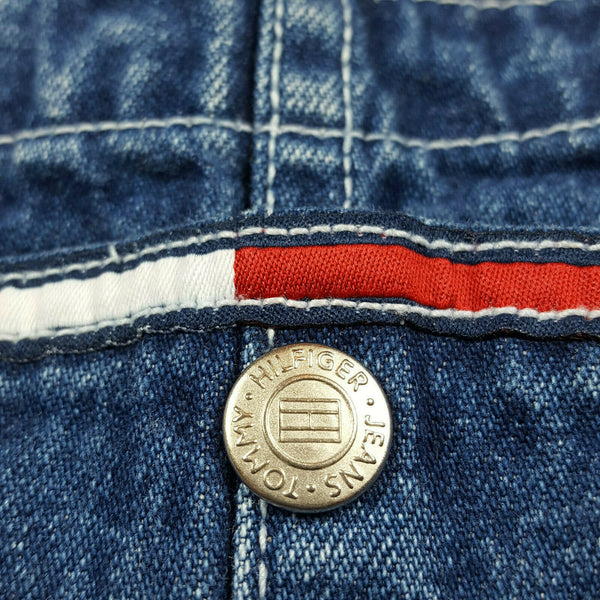 Vintage 90s Y2K Tommy Hilfiger Overalls Denim Jeans Shorts with Spellout Logo Shoulder Straps Size Medium