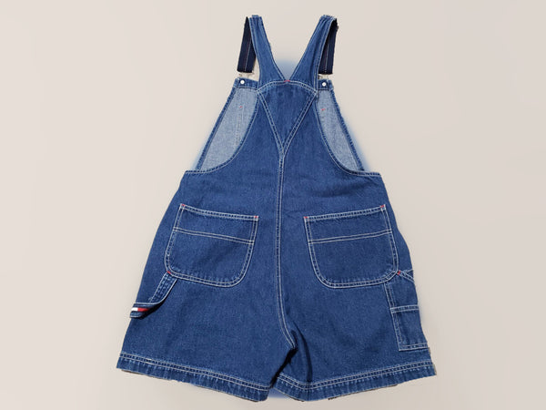 Vintage 90s Y2K Tommy Hilfiger Overalls Denim Jeans Shorts with Spellout Logo Shoulder Straps Size Medium