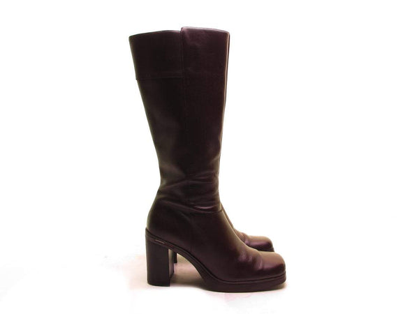 Vintage 90s Brown Leather Knee High Platform Boots with square toe and a chunky heel by Tommy Hilfiger.