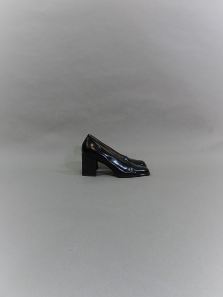 Vintage 90s square toe shoes black leather pumps chunky heel shoes vintage black pumps stacked heel work career Size 5