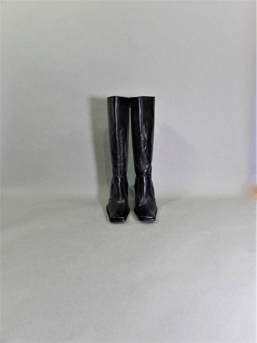 MARAOLO Italian black leather tall boots 90s square toe boots knee hig ...