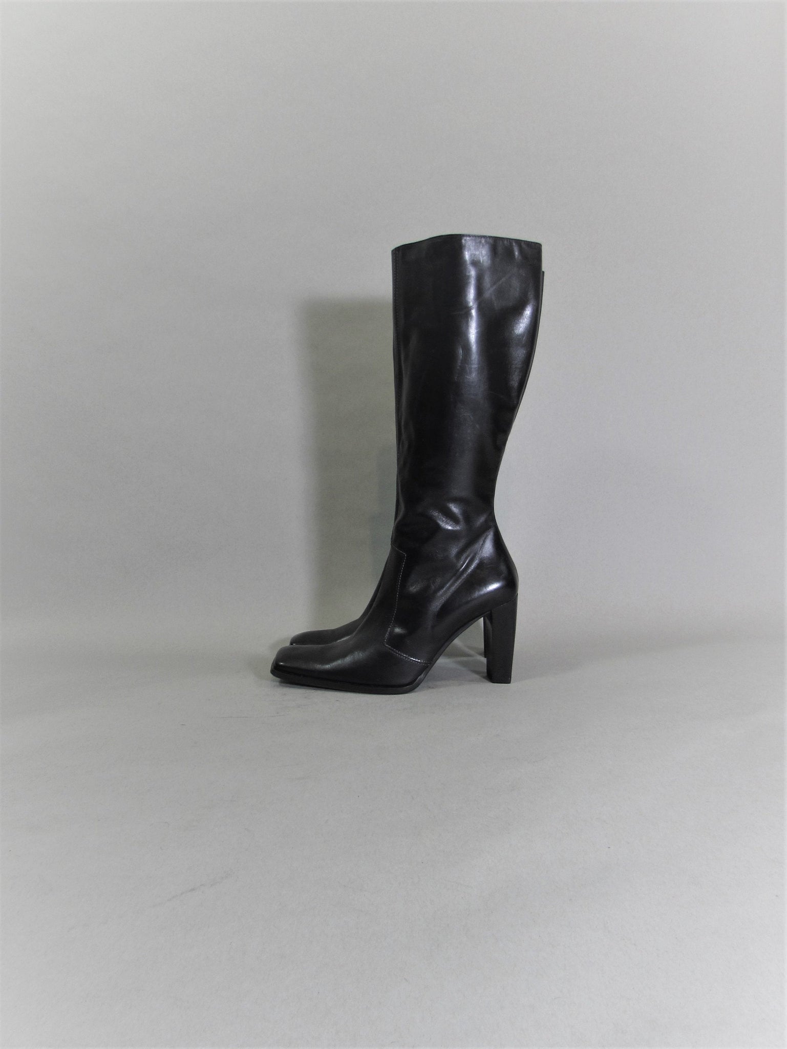 Vintage 90s Knee HIgh Square Toe High Heel Boots. Available at vintage90s.com