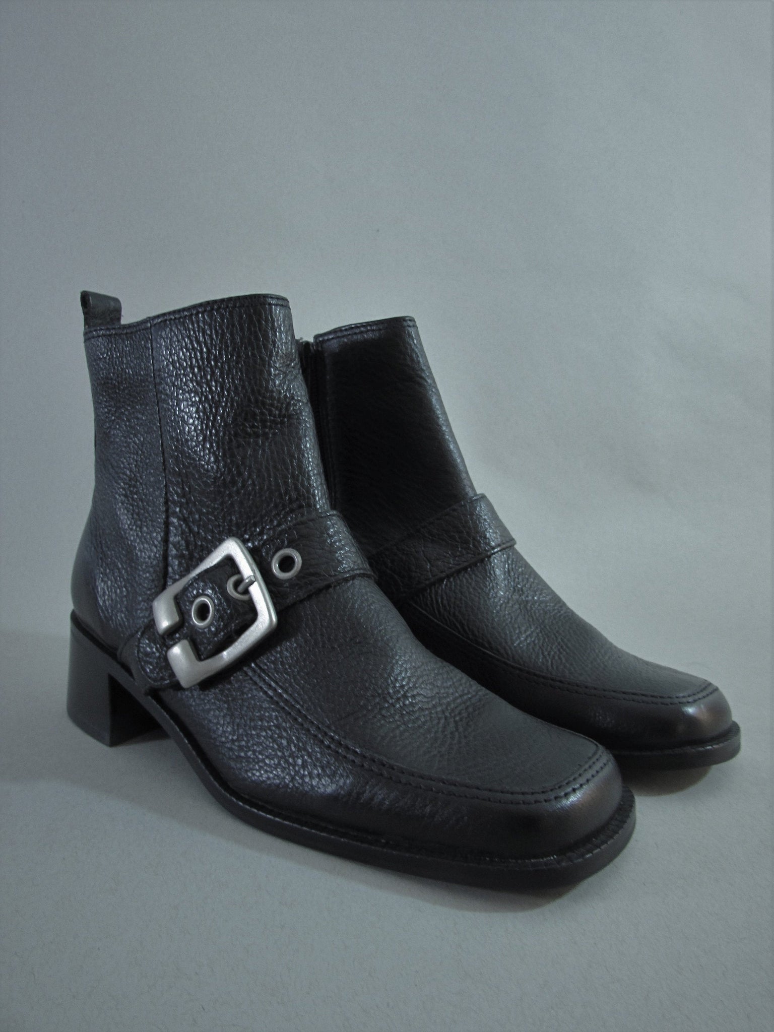 black ChELSEA boots with buckle 90s square toe boot pebble leather beatle boot monk strap Victorian Edwardian boot pilgrim booties NOS 6