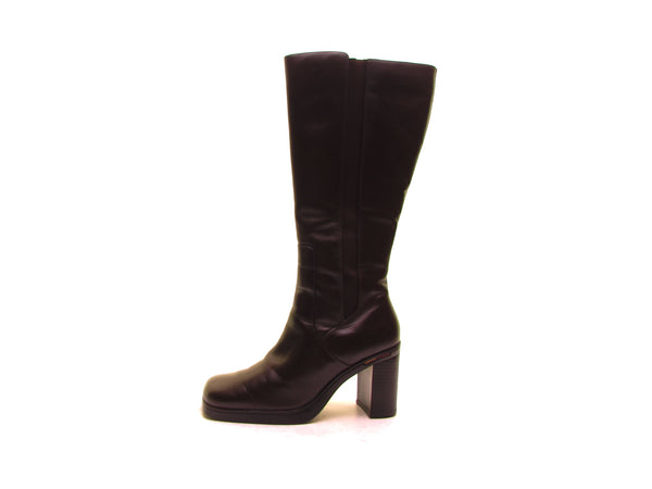 TOMMY HILFIGER Vintage 90s Brown Leather Platform Knee-High Boots with Chunky Heels, Square Toe and Rubber Sole - Size 5