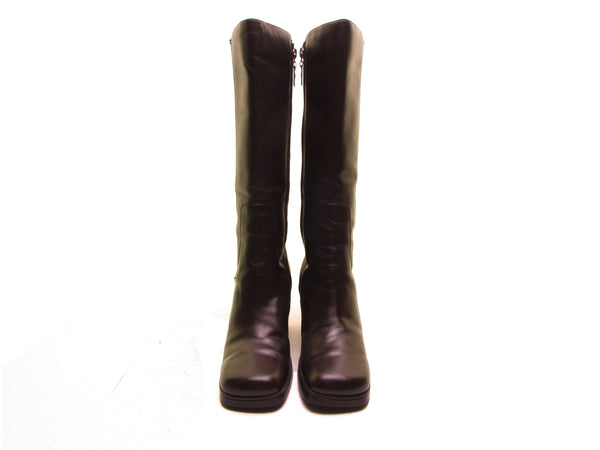 TOMMY HILFIGER Vintage 90s Brown Leather Platform Knee-High Boots with Chunky Heels, Square Toe and Rubber Sole - Size 5
