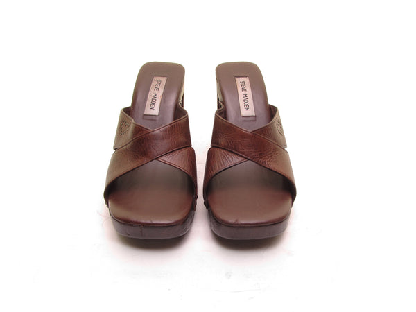 STEVE MADDEN Platform sandals wood CHUNKY HEEL shoes 90s brown leather high heel sandals square toe open toe shoes wooden sandals. Size 8 8.5