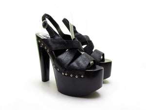 Designer ITALIAN black Glitter platform STILETTO shoes POINTY high heel shoe goth vixen Fetish Strap Bondage Sexy shoe Italy NOS Size 40 9.5