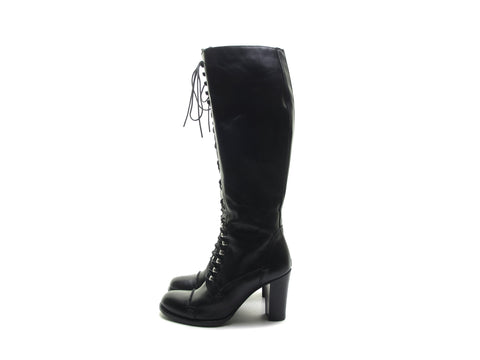 Vintage Italian Leather lace up knee high boots .