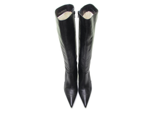 Calfskin Designer Italian black leather knee high boots Stiletto boots pointy toe boots tall boots 90s goth boot sexy Size 7 1/2
